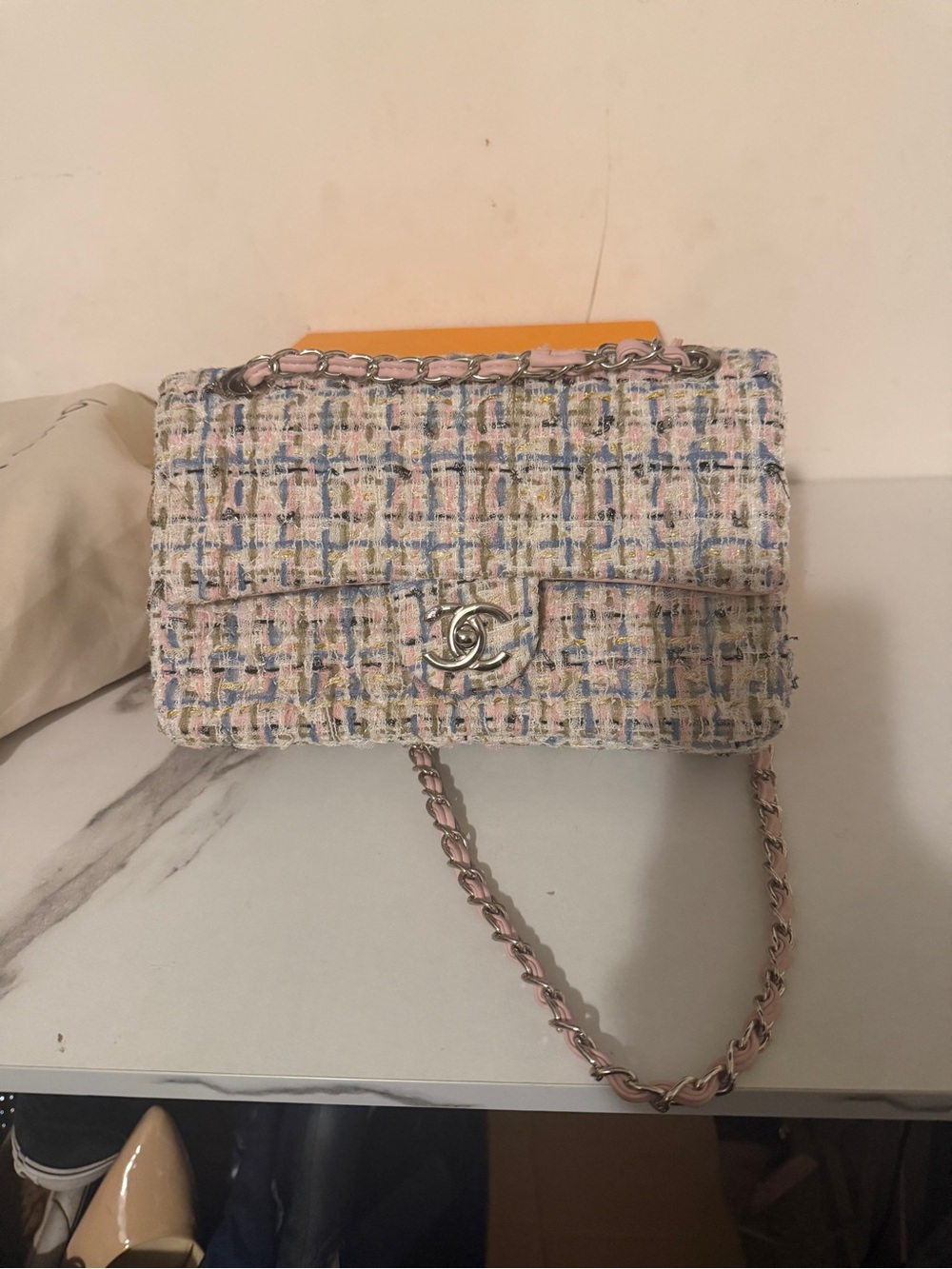 Pastel Tweed Chain Shoulder Bag - Unbranded